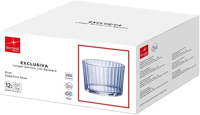 Bormioli Rocco Exclusiva Rum Glasses, Set of 12-7.25 Oz. Sapphire Blue Small Tumblers with Laser-Cut Rim & Shock-Enhanced Edge - Compact Star Glass Cups for Spirits & Mixed Drinks - Italian Made