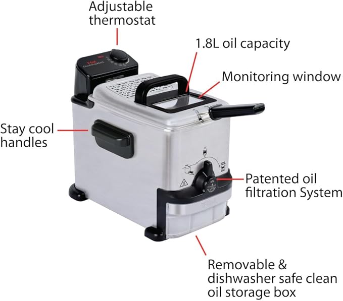 T-fal Compact EZ Clean Stainless Steel Deep Fryer with Basket for Home Use, 1.8 Liter Oil and 1.7 Pound Food Capacity, 1200 Watts, Easy Clean Temp Control, Oil Filtration, 1.8 L
