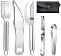 Comfecto 5 Pcs Stainless Steel Fish Scaler Remover Scraper with Sawtooth, Sturdy Ergonomic Fish Skin Graters with Bone Tweezer Dig Out Blade Knife Peeler Bottle Opener and Pouch, Reguler, Silver