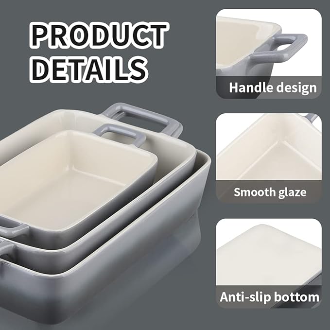 KOOV Bakeware Set, Ceramic Baking Dish, Rectangular Baking Pans for Cooking, Cake Dinner, Kitchen, Banquet and Daily Use, 12 x 8.5 Inches, 3-Piece (Gradient Gray)