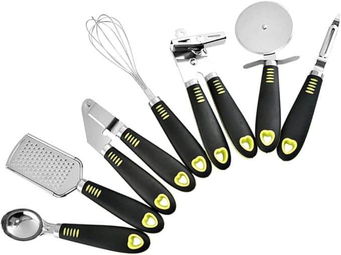 Zerodeko 7pcs Stainless Steel Kitchen Utensils Set with Cheese Grater Pizza Wheel Can Opener Garlic Press Ergonomic Non-stick Cooking Tools for Comfortable Grip and Easy Cleaning Hanging