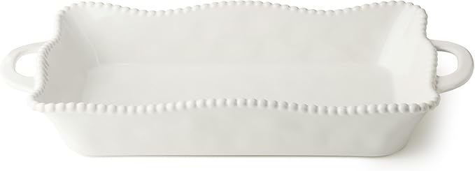 Perlette Cream Large Rectangular Ceramic Baker – 19 x 10 Inch Scalloped Oven-to-Table Stoneware Bakeware with Beaded Rim – Elegant Farmhouse Bake Dish for Lasagna, Casseroles, and Hosting