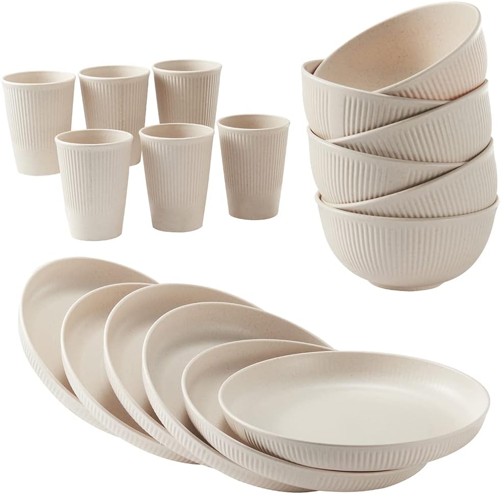 18 Piece Wheat Straw Dinnerware Set – Unbreakable Reusable Plates & Bowls