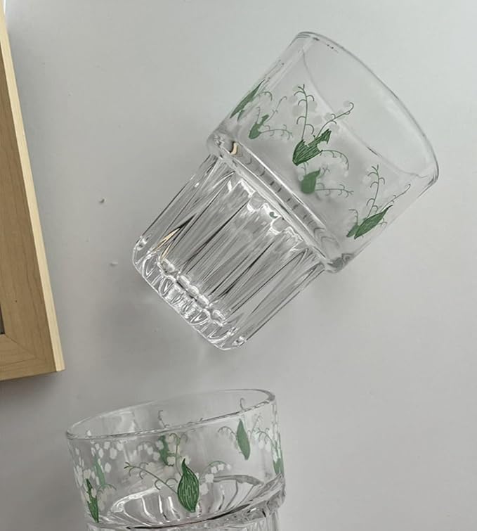 Ivymei Set of 2 Floral Drinking Glasses Cute Glass Coffee Cup Lily of the Valley Glass Cups for Juice,Iced Tea,Coffee,Latte,Dessert,Stackable Flower Glassware Drinkware Set(green)