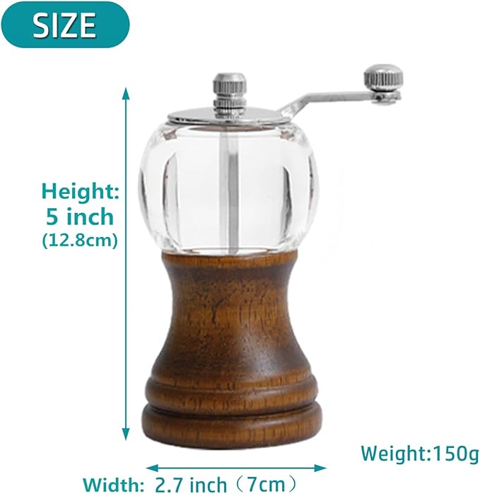 Salt and Pepper Grinder Set Manual Pepper Mill Acrylic Hand Crank Salt & Peppercorn Grinder Rustic Wooden Pepper Shaker with Adjustable Coarseness Ceramic Core (Walnut 1pcs-5in)