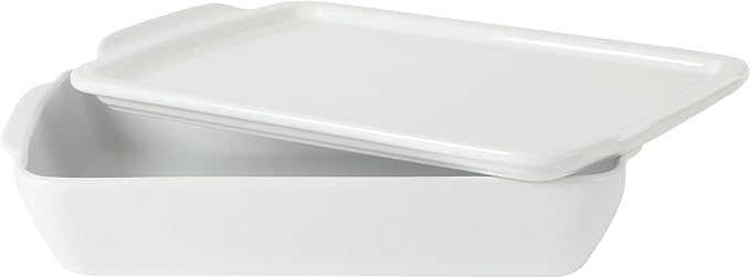 Gibson Home Gracious Dining 2.6-Qt White Stoneware Covered Baking Dish w/Multi-Purpose Lid – 12.7" x 9" Rectangular Oven Safe Casserole, Lasagna & Roasting Baker, Lid Doubles as Serveware or Trivet