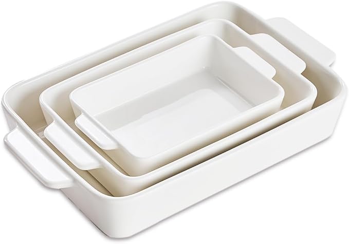 Casserole Dishes For Oven, Ceramic Baking Dishes 15.7"/12.3"/9.4", Large Lasagna Baking Dish with Handle, Ceramic Bakeware Set for Cooking Deep Baking Pan Set of 3 White