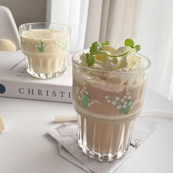 Set of 2 Floral Drinking Glasses Flower Glass Coffee Cups Cute Lily of the Valley Glass Cups for Juice,Iced Coffee,Milk,Tea,Dessert,Latte,Stackable Flower Glassware Drinkware Set(green)