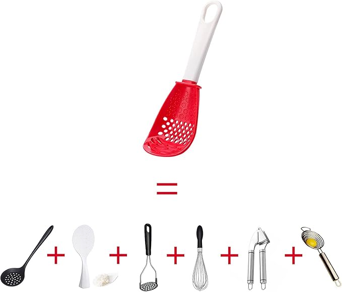 6 in 1 Multifunctional cooking gadgets, 356°F Heat Resistant kitchen gadgets, Egg Separator, Cooking, Draining, Mashing, Grating, Cooking spoon red