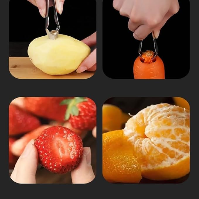 2Pcs Multi-Functional Fruit and Vegetable Stem Remover Clip, Strawberry Huller, Pineapple Eye Remover, Silver Stainless Steel Handle