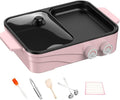 Electric Grill Indoor Hot Pot with Glass Lid & Removable Non-Stick Grill Plate,Separate Dual Temperature Contral, for 2-8 People Family Gathering Friend Meeting Party (pink)