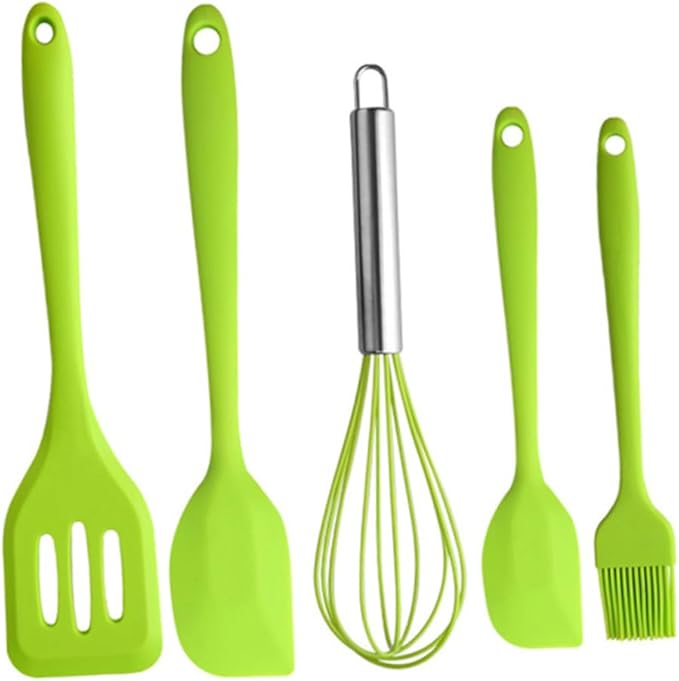 Ipetboom 5pcs Silicone Kitchen Utensil Set Nonstick Cooking Tools with Beater Turner for Baking and Mixing Heat Resistant Green Cooking Utensils with Hanging for Home and Restaurant Use