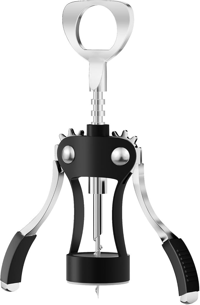 KORCCI Wine Opener, Heavy-Duty Zinc Alloy Wing Corkscrew, Premium Beer Bottle Opener, Multifunctional Wine Accessories with Ergonomic Handle and Sharp Screw, for Kitchen, Bar, Restaurant (BLACK)
