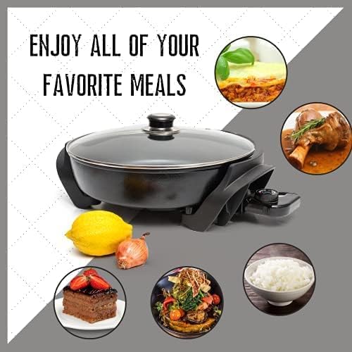 Moss & Stone Round Electric Skillet with Lid – 12x12 Inch Aluminum Nonstick Electric Frying Pan 5Qt, Adjustable Temperature Control, Vented Glass Lid, Dishwasher Safe, Heat-Resistant Handles