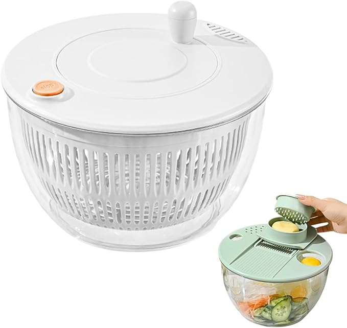 Salad Spinner with Slicer, Multifunctional Vegetable Spinner and Chopper, Large Capacity Salad Preparation Tool, Multi-blade Efficient Vegetable Washer for Home Kitchen (White)