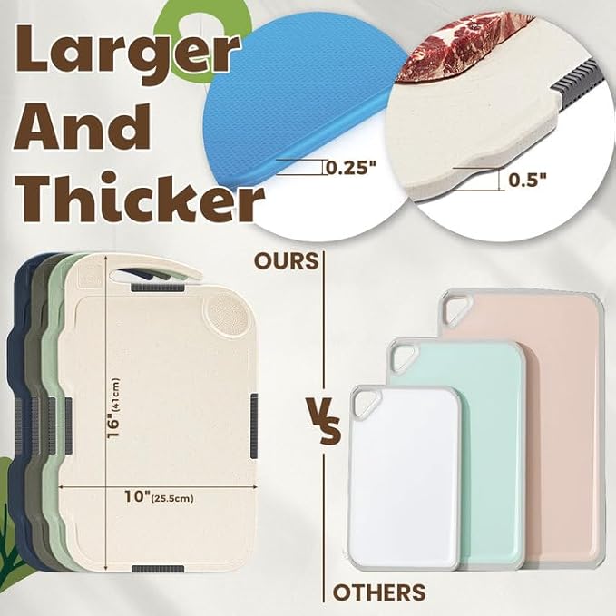 Glotoch Cutting Boards for Kitchen Set of 4, Wheat Straw Chopping Board Dishwasher Safe, BPA Free, Non Slip, 16"X10" Colored Reversible Cutting Board with Stand, Food Icons, Grinder Plate