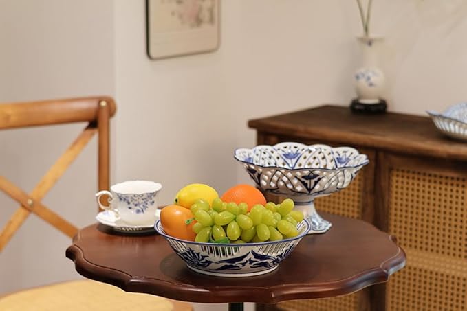 Aimusego Decorative Porcelain Fruit Serving Bowl Basket for Home and Kitchen, Chinoiserie Blue and White Floral Design, Scalloped Edge with Cutout Pattern (Leaf)