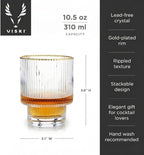 Viski Meridian Lowball Glasses Set of 2 - Premium Crystal Clear Vintage Drinking Tumblers for Whiskey, Scotch & Bourbon in Art Deco Ripple Glassware Design, Gold Rimmed Glassware Gift Set, 10.5 oz
