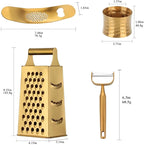 MINGYU Professional Kitchen Accessories 4pcs - Gold Box Grater 4 Sides, Garlic Press Stainless Steel, Potato & Apple Peeler, Stainless Steel Corn Peeler, Best For Vegetables & Fruits