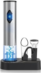 CIRCLE JOY 5-in-1 Electric Wine Opener Gift Set Stainless Steel Electric Wine Bottle Opener Battery Operated Corkscrew with Foil Cutter, Wine Pour, Wine Stopper and Storage Base, Silver