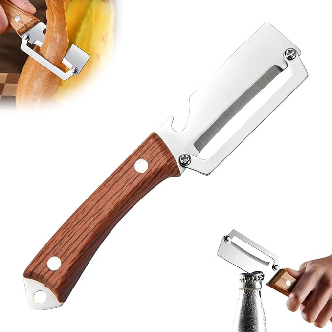 Multi-Functional Vegetable Peeler for Kitchen, 2026 New Vegetable Peeler with Wooden Handle and Bottle Opener, 2 in 1 Stainless Steel Kitchen Tool for Fruit Apple Potato Pumpkin Slicer (brown, 1PCS)