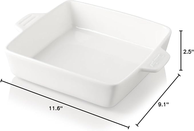 Sweejar Ceramic Baking Dish, 9 x 9 Cake Baking Pan for Brownie, Porcelain Square Bakeware with Double Handle for Casserole, Lasagna, Family Dinner (White)