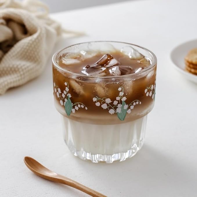 Ivymei Set of 2 Floral Drinking Glasses Cute Glass Coffee Cup Lily of the Valley Glass Cups for Juice,Iced Tea,Coffee,Latte,Dessert,Stackable Flower Glassware Drinkware Set(green)