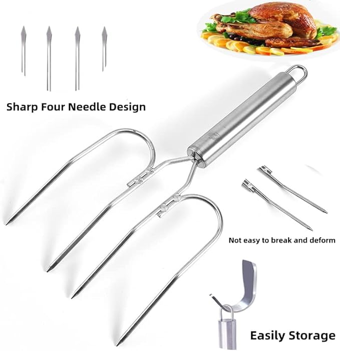 Thanksgiving Turkey & Roast Lifters, Stainless Steel Roaster Forks, Transfer Chicken or Ham Poultry Lifters Easily, Four Needle Meat Fork, Set of 2