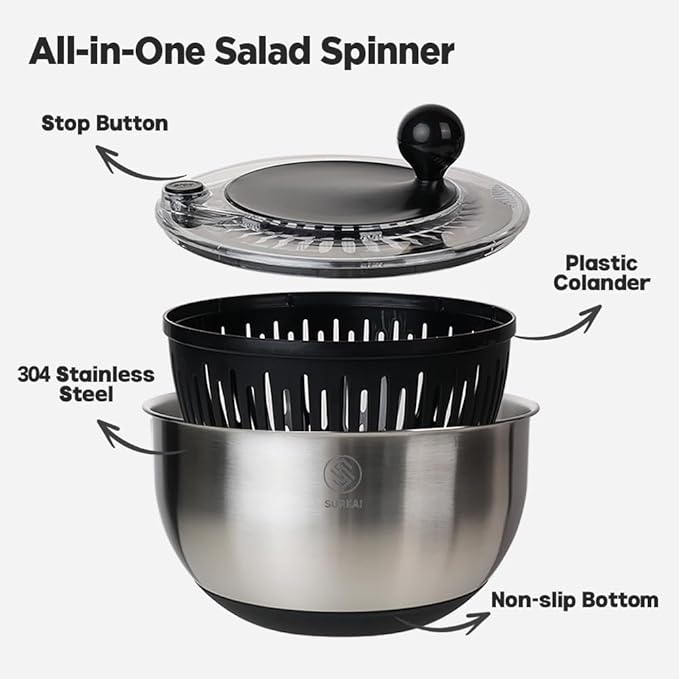 Salad Spinner with 5 Blades – 5L Large Capacity Vegetable Washer & Dryer, Push Button Fast Spin, Built-in Drain System, Stainless Steel Bowl, Non-Slip Base – All-in-One Kitchen Prep Tool