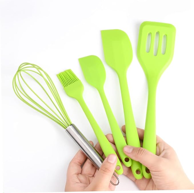 5pcs Silicone Utensil Kit Non-stick Cooking Gadgets Heat Resistant Egg Whisk and Baking Tools Set with Hanging for Kitchen Organization