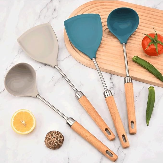 Food Grade Silicone Kitchenware Spatula Wooden Handle Set Kitchen Cooking Tools(D)