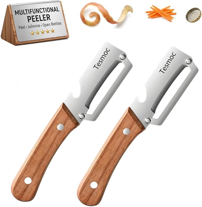 Multifunctional Fruit and Vegetable Peeler,Premium Stainless Steel Blade,Wooden Handle Hand Tool with Bottle Opener,Julienne Peeler for Potato,Cucumber,Orange,Pineapple,Veggie (2)