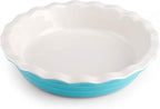 Farberware Bakers Advantage 10 Inch Pie Dish, Stoneware Pie Pan with Scalloped Edge, Two-Tone Teal and Ivory Ceramic Pie Plate for Baking Quiche, Casseroles, and Deep Dish Pies