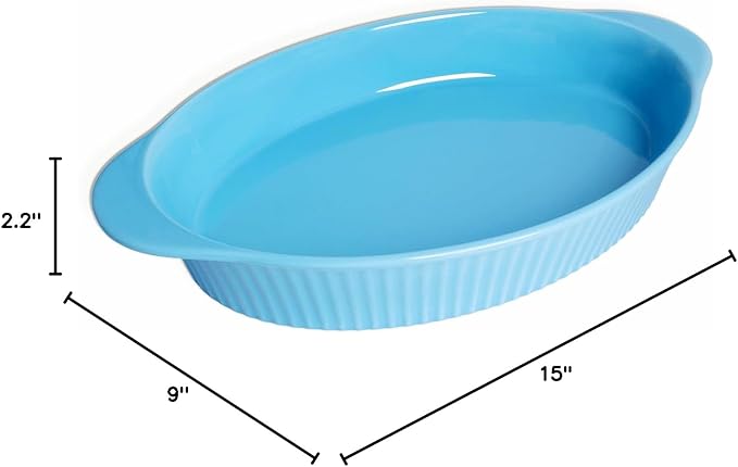 LEETOYI Porcelain 9x13 Large Oval Au Gratin Pans,Baking Dish for Servings, Bakeware with Double Handle for Kitchen and Home, Turquoise