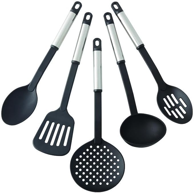 Farberware Classic Kitchen Tool Set, 5-Piece Nylon Cooking Utensils with Stainless Steel Handles for Nonstick Cookware - Kitchen Gadgets with Hanging Loops, Dishwasher Safe Useful Cooking Accessories