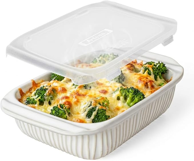 Artena Baking Dish 2.3 Quarts, Casserole Dishes For Oven, Baking Pan With Handles, Lasagna Pan Deep, Large Casserole Dish, Rectangular Ceramic Bakeware, White (Baking Dish With Lids)
