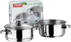 Vinod Stainless Steel 2-Tier Steamer with Glass Lid and Riveted Handles Ideal for Momo, Modak and More Induction and Gas Compatible 7.8 in 2-Year Silver