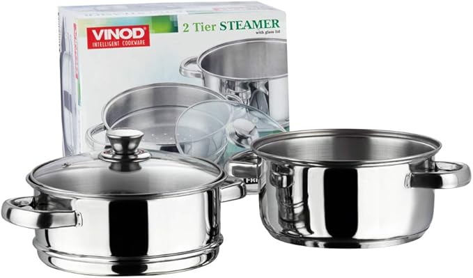Vinod Stainless Steel 2-Tier Steamer with Glass Lid and Riveted Handles Ideal for Momo, Modak and More Induction and Gas Compatible 7.8 in 2-Year Silver