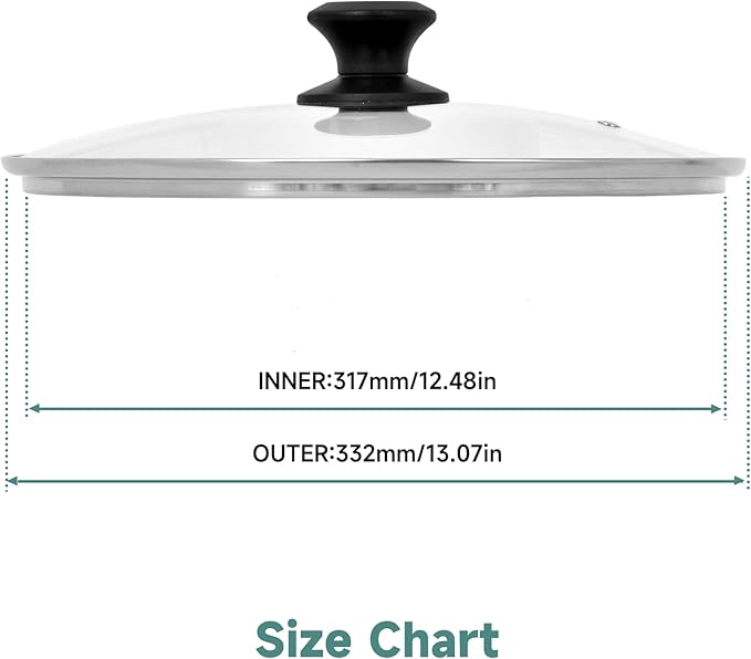 13 In Glass Lid for Frying Pan, Tempered Replacement Cover Compatible with All 13 inches Cookware for Skillets, Round Cast Iron, Cast Aluminium, Stainless Steel Pans &Pots, Black