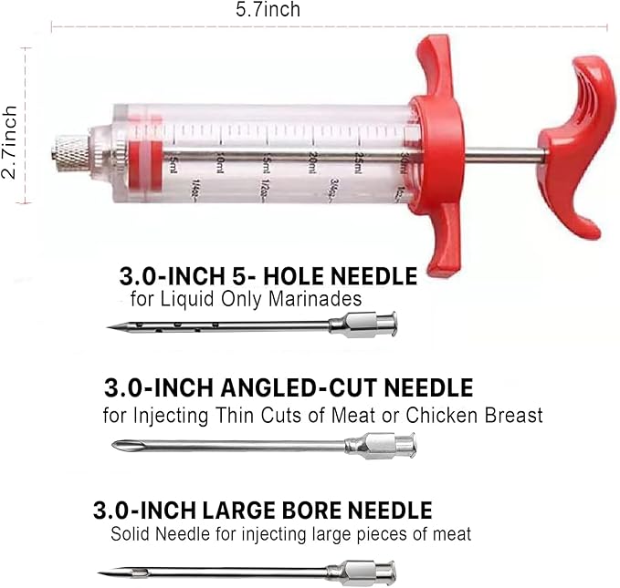 Meat Injector Syringe - 3 Marinade Injector Needles for BBQ Grill, Premium Portable Turkey Injector kit for Smoker,Marinades Injectors for Meats With 1oz Large Capacity 1 Brush Easy to Use & Clean Red