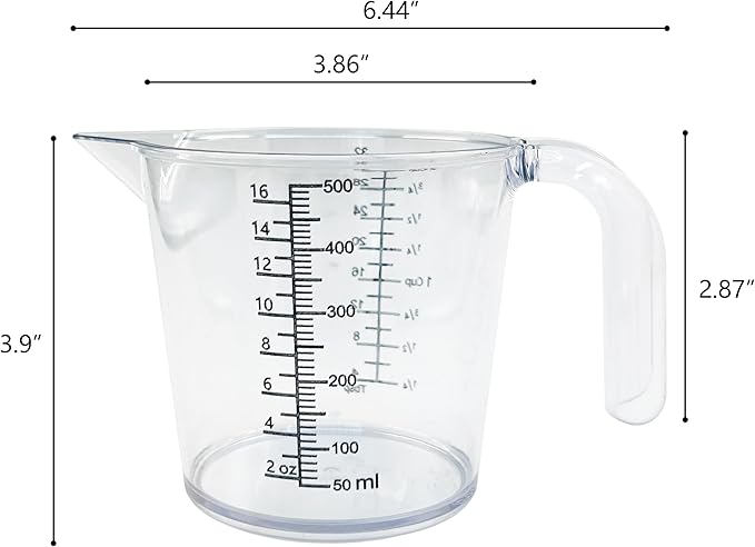 16 oz (2 Cup) Liquid Measuring Cup, Food-Grade Plastic Measuring Cup with Laser-Etched Markings, Clear Single Measuring Cup