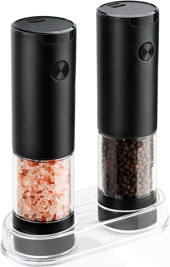 Electric Salt and Pepper Grinder Set - Battery Operated Spice Mills with Adjustable Coarseness, LED Light, Automatic Spice Grinder for Kitchen Appliance, with Cleaning Brush and Stand, Home Cooking