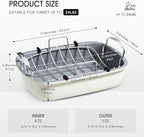 Turkey Roasting Pan, 17x13 Inch Nonstick Roaster Pan with Removable Rack, Turkey Baster, Meat Thermometer, Turkey Brine Bags, Ideal for Roasting Turkey, Meats & Vegetables (Cream&Silver)