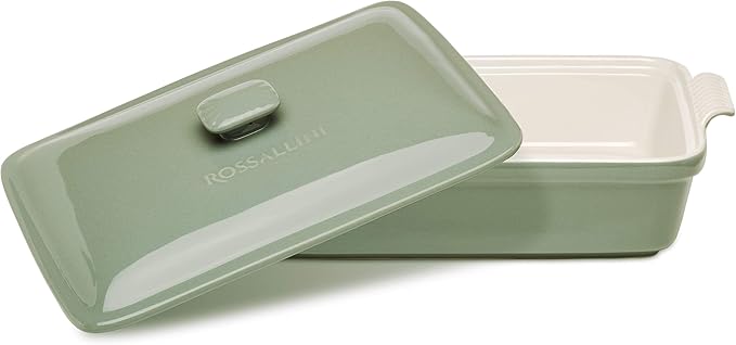 ROSSALLINI Stoneware Casserole Dish Bakeware Set with Lid, Covered Rectangular Dinnerware, Large 3.2 Quart, 11 by 9 Inch, Verde Salvia [Sage Green]