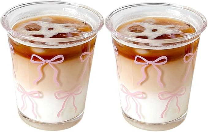 Set of 2 12 OZ French Drinking Glasses Bow Glass Coffee Cup Cute Glass Cups for Iced Coffee,Tea,Juice,Latte,Milk,Dessert,Stackable Glassware Drinkware Set (pink bow)