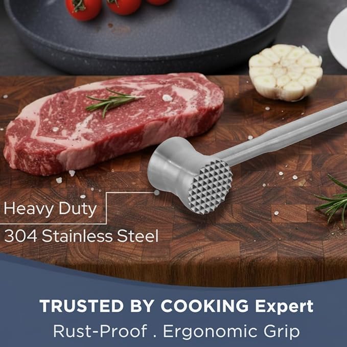 Stainless Steel Meat Tenderizer Tool, Heavy Duty Meat tenderizer Mallet, Premium Meat Masher for Steak and Beef, Hammer Meat Pounder Ground beef chopper tool for Kitchen Cooking Dishwasher Safe