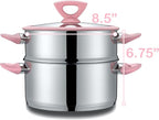 CONCORD 3 Quart Stainless Steel 3 Piece Steamer Cookware Set. Features 2 Quart Veggie Steamer and 3 Quart Cooking Pot with tempered glass lid and silicone handles (INDUCTION COMPATIBLE)