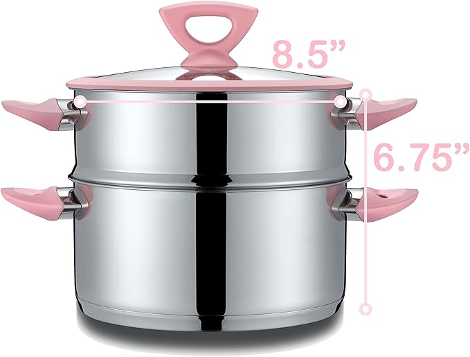 CONCORD 3 Quart Stainless Steel 3 Piece Steamer Cookware Set. Features 2 Quart Veggie Steamer and 3 Quart Cooking Pot with tempered glass lid and silicone handles (INDUCTION COMPATIBLE)