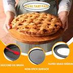 Tart Pan 10 Inch Oval Quiche Pan, Carbon Steel Pie Pans with Oil&Dish Brush Non-Stick Quiche Tart Pan with Removable Bottom for Tarts, Pies, Mousse Cakes and Desserts