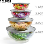 8pc Ribbed Glass Mixing Bowls with Leakproof Airtight Lids - BPA-Free Meal Prep Stackable Space Saving Nesting, Kitchen Baking Food Storage & Serving Containers - Microwave, Freezer, Dishwasher Safe.